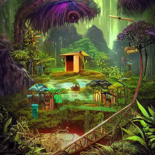 Image similar to small shack with a steep roof in an enchanted swam jungle, afrofuturism, futuristic, African, mystical, glowing potions, large cauldrons, biopunk, green slime, weird, Bizarre, magical
