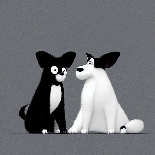 Image similar to Goro Fujita illustrating a beautiful black and white fluffy dog, with big ears on a plain background, art by Goro Fujita, sharp focus, highly detailed, ArtStation