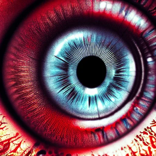 Image similar to a detailed extremely close up of inside the iris, cornea, red image, microscopic, extremely close up drawing by junji ito, cgsociety, generative art, lovecraftian, parallax, cosmic horror, extremely detailed, hyperrealism, unreal engine, octane render, award winning, masterpiece, highly detailed, realistic, 4 k, digital