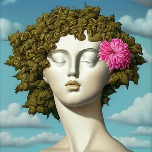 Image similar to Michael Parkes, award winning masterpiece with incredible details, Michael Parkes, a surreal vaporwave vaporwave vaporwave vaporwave vaporwave painting by Michael Parkes of an old pink mannequin head with flowers growing out, sinking underwater, highly detailed Michael Parkes