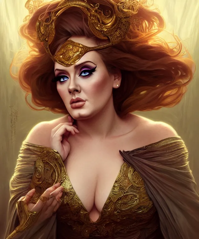 Prompt: Adele as a fantasy magic woman portrait, sci-fi, amber eyes, face, long hair, fantasy, intricate, elegant, highly detailed, digital painting, artstation, concept art, smooth, sharp focus, illustration, art by artgerm and greg rutkowski and alphonse mucha