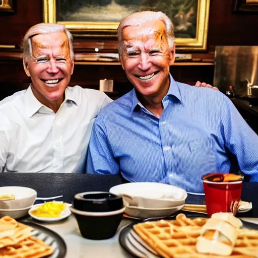 Image similar to photograph of trump and Biden sitting and eating breakfast at a Wafflehouse