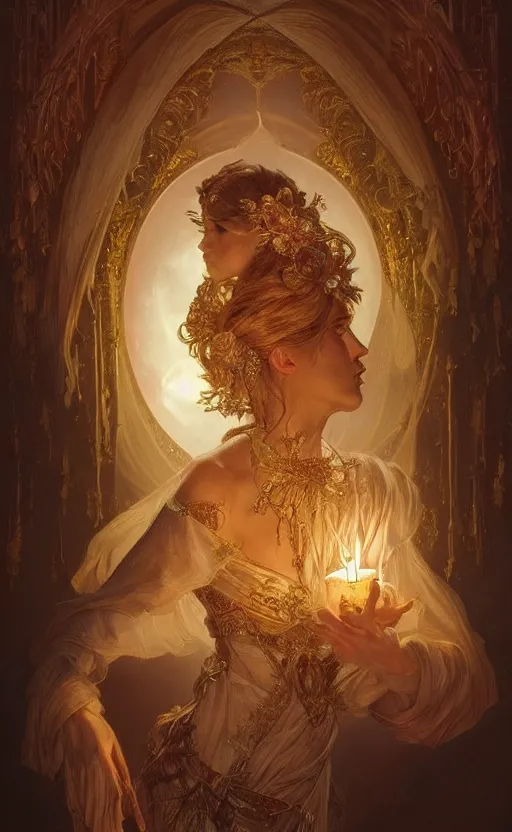 Image similar to masterpiece of beautiful hands close to a candle in dark room, cinematic, powerful, moon beams dramatic light, highly, intricate gold elements, hollow souls, detailed, digital painting, artstation, concept art, sharp focus, illustration, art by artgerm and greg rutkowski and alphonse mucha