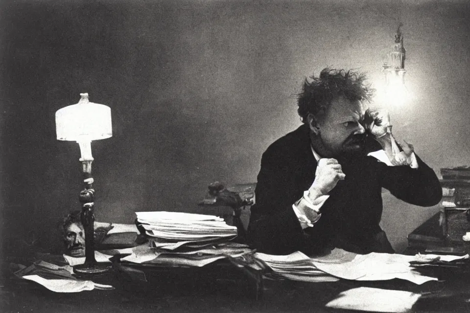 Image similar to wet plate photograph, august strindberg angry shouting throwing papers and banging his fist on a secretary desk in a small messy viennese apartment, night time, alone, lamplight, victorian era, depth of field, very detailed, highly accurate, intricate