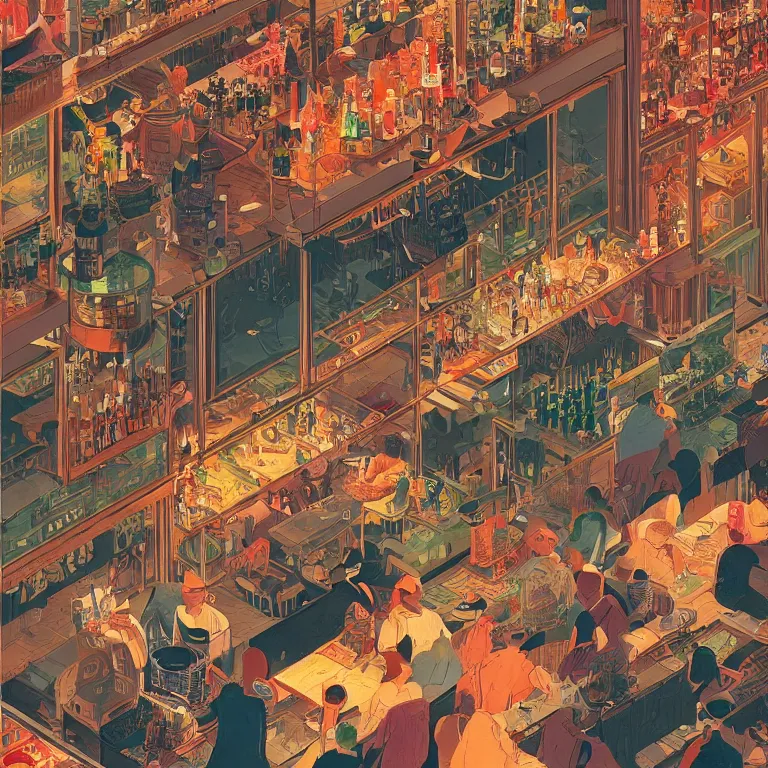 Image similar to isometric view illustration of a very lively restaurant and bar neighborhood , highly detailed, end of the day, by Victo Ngai and Bruce Pennington