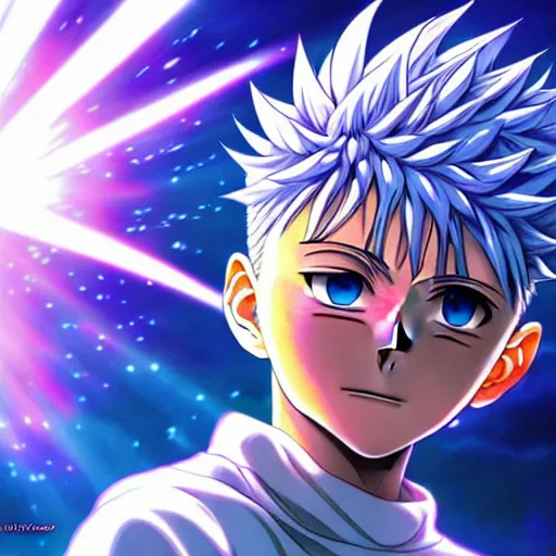 Image similar to killua zoldyck art by dan mumford and yusuke murata and makoto shinkai and ross tran, cosmic, heavenly, god rays, intricate detail, cinematic, 8 k, cel shaded, unreal engine, featured on artstation, pixiv