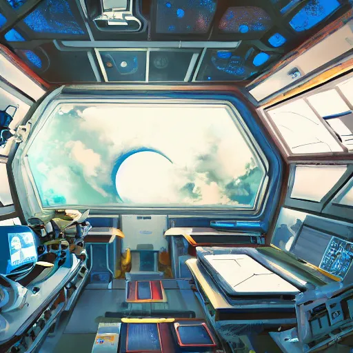 Image similar to Interior of a space station cluttered with electronics and science experiments, Sci-fi, View of earth from the window, Atmosphere, Dramatic lighting, Epic composition, Low angle, Wide angle, by Miyazaki, Nausicaa Ghibli, Breath of The Wild