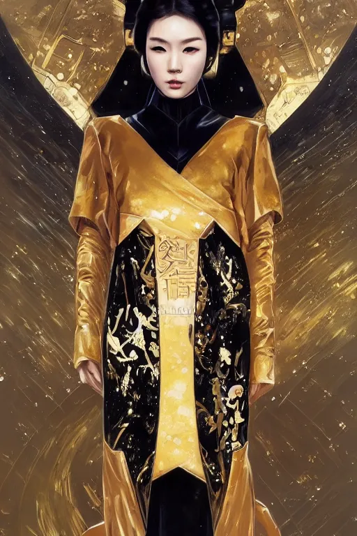 Prompt: Photorealistic illustration, 3/4 view of Korean fashion model in Star Wars sith black and gold robes, sci-fi, futuristic, intricate, elegant, highly detailed, digital painting, artstation, concept art, smooth, sharp focus, art by artgerm, greg rutkowski and alphonse mucha
