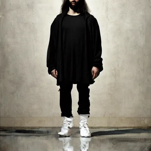 Image similar to a full body lookbook portrait of modern - day jesus wearing cream yeezy and fear of god menswear collection by nicola samori, detailed, oil painting, hyper - realistic, 8 k, yeezy collection