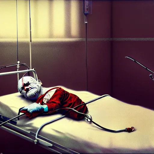 Prompt: crazy elderly clown lying in hospital bed with wrist restraints on, attached to hospital bed siderails, greg rutkowski, photograph, 8 k