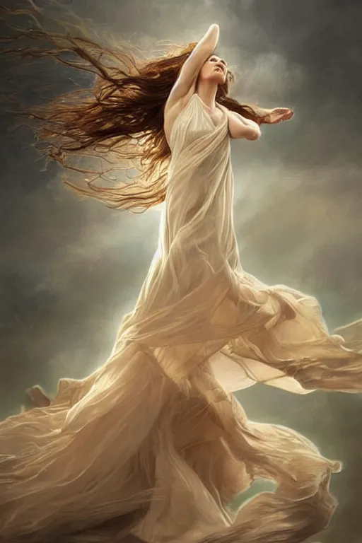 Image similar to beautiful woman dancing in the wind, beautiful face, ethereal, gorgeous, volumetric lighting, elegant, fluid, highly detailed, digital painting, concept art, highly detailed, smooth, illustration, limited color palette, atmosphere and tension, art by greg olsen and liz lemon swindle