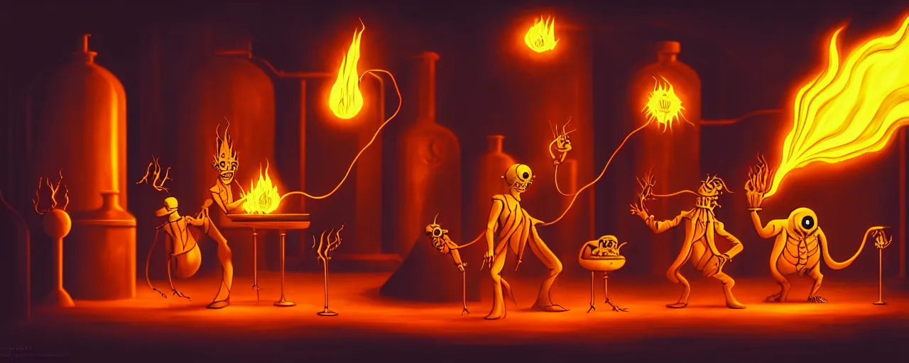 Prompt: uncanny alchemist chthonic creatures in a fiery alchemical lab, dramatic lighting, surreal 1 9 3 0 s fleischer cartoon characters, surreal painting by ronny khalil