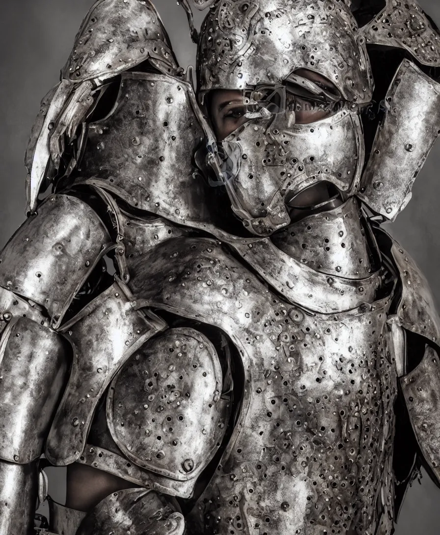 Image similar to portrait of a beautiful young girl wearing an alexander mcqueen armor made of iron steel armour , artistic illustration realistic photo