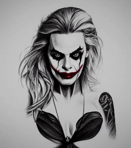 Image similar to tattoo design sketch of beautiful margot robbie portrait with joker makeup, in the style of den yakovlev, realistic face, black and white, realism tattoo, hyper realistic, highly detailed