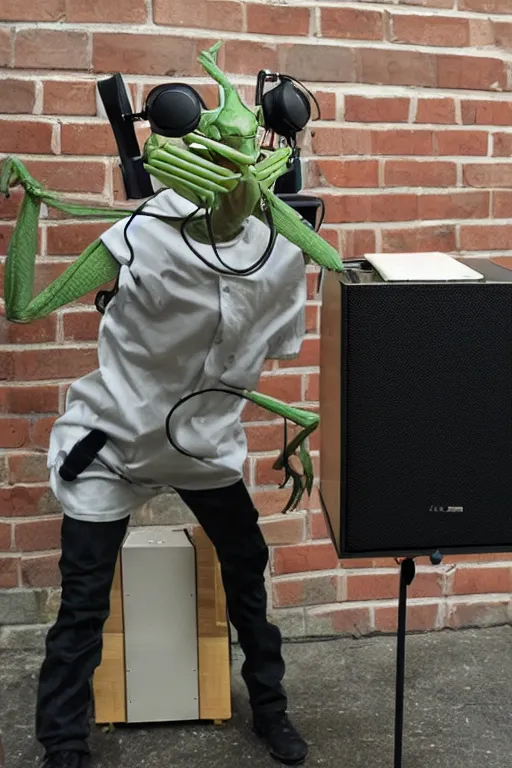 Image similar to a praying mantis kaiju DJ wearing headphones and carrying two big subwoofer speaker boxes