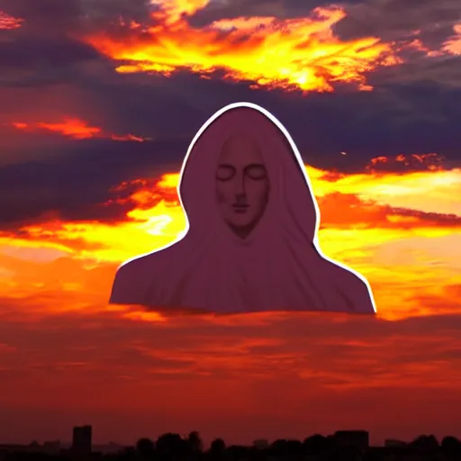 Prompt: photo of sunset clouds look like shape of virgin mary face