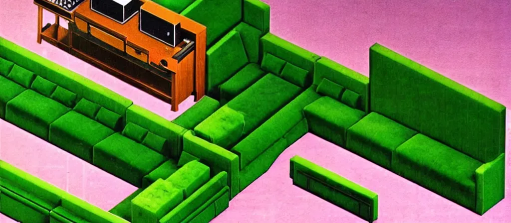 Image similar to huge sprawling gargantuan angular dimension of infinite indoor landscape 7 0 s green velvet and wood with metal furniture office. surrealism, mallsoft, vaporwave, 7 0 s office furniture catalogue, shot from above, epic scale by escher