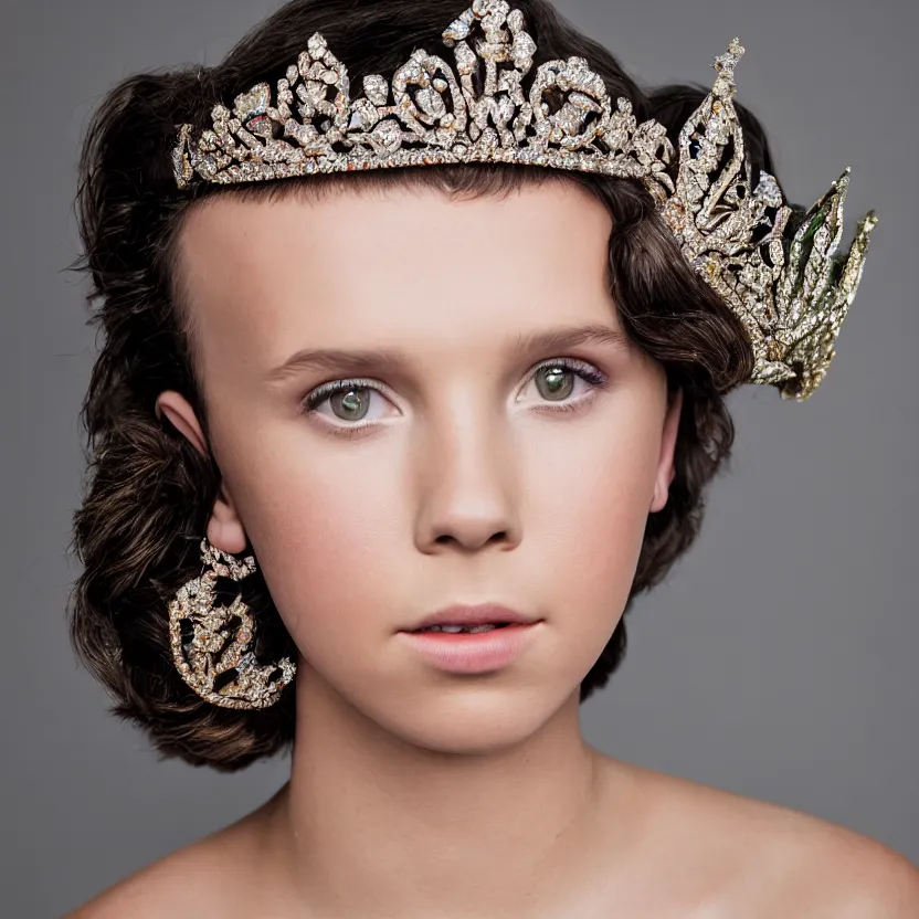 Image similar to millie bobby brown as queen, big crown adorned with emerald, diamonds, topaz and other jewellaries, sensual, beautiful soft light failling on her face, studio photography, nikon 3 5 mm portrait photography, ultra realistic