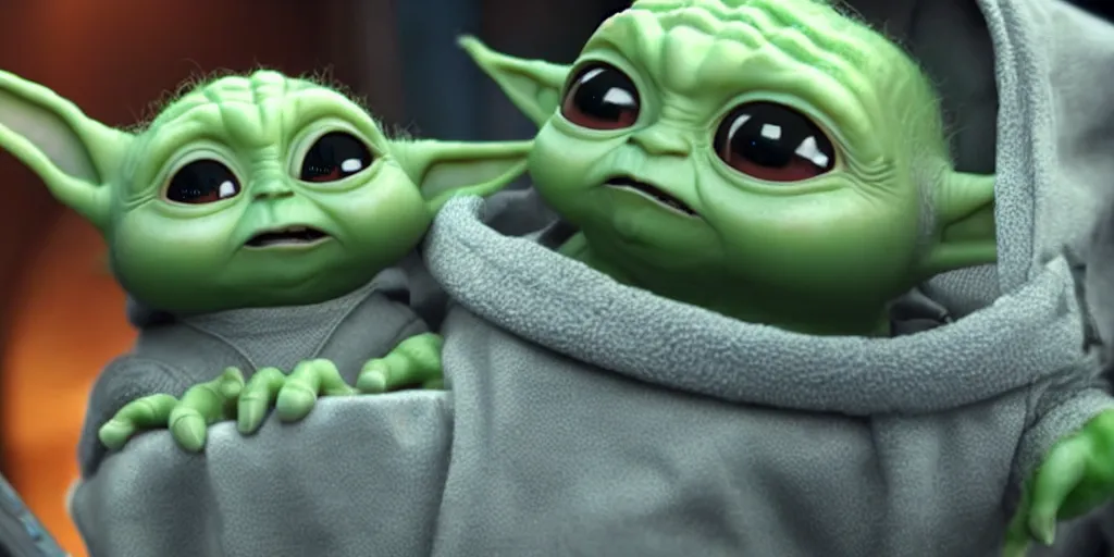 Image similar to a 3 d rendered movie still of baby yoda. baby yoda wears a spacesuit, and explores cosmos in a super awesome space ship. science fiction blockbuster movie baby yoda rules the world or i was a teenage yoda, dramatic lighting, imax 7 0 mm. buzz lightyear