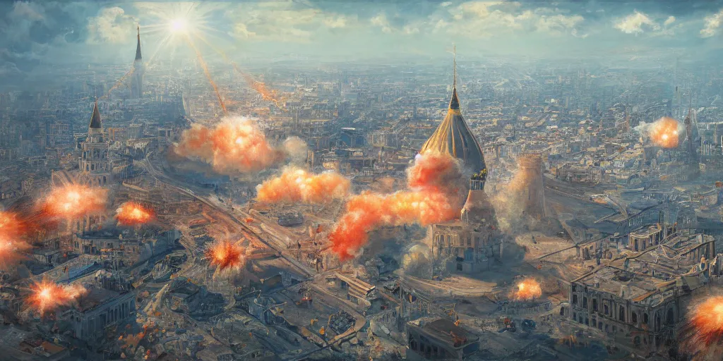 Prompt: a beautiful painting of nuclear strike on Kremlin by Shinkai Makoto, 4k,high detail, advanced rendering whimsically designed art, 4k post-processing highly detailed,Soft illumination