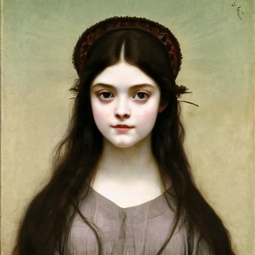 Prompt: A masterpiece head and shoulders portrait of Elle Fanning by William Adolphe Bouguereau and Junji Ito