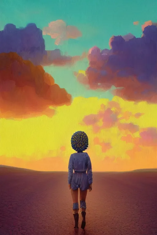 Image similar to giant corn flower head, girl walking in the desert, surreal photography, sunrise, dramatic light, impressionist painting, colorful clouds, digital painting, artstation, simon stalenhag