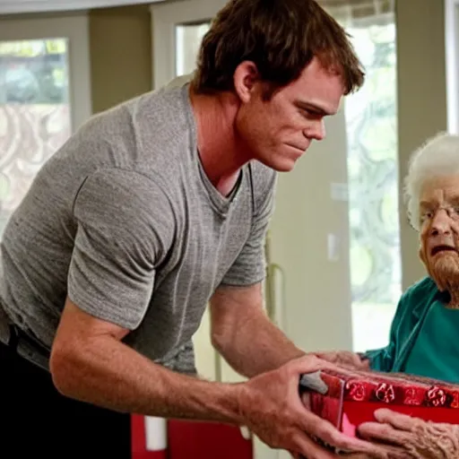 Image similar to dexter morgan giving his grandma a gift at the nursing home