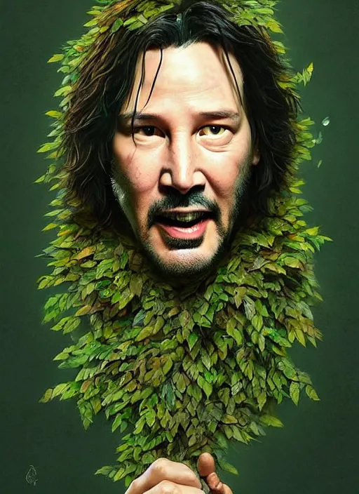 Image similar to highly detailed comedy caper movie poster with silly wacky zany keanu reeves as a sentient pile of leaves, keanu reeves green face as a sentient leafy bush by greg rutkowski, masterpiece, really funny, 1 0 / 1 0 comedy