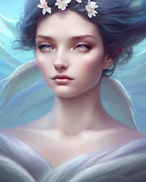 Image similar to character art of a goddess of magnolias as windy dusty underwater angelic young female | | seductive - fine - face, pretty face, key visual, realistic shaded perfect face, fine details by artgerm, wlop, tom bagshaw, james jean, andrei riabovitchev, marc simonetti, trending on artstation