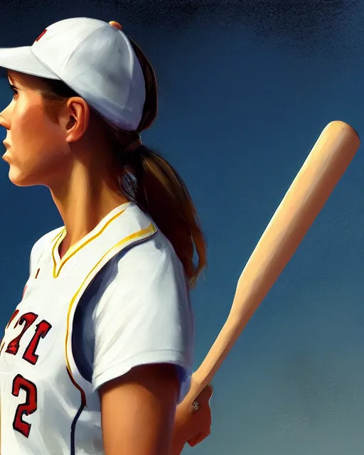 Prompt: epic portrait cinematic shot an female basketball player, white shirt, shorts, a cap, a baseball bat, stadium backround, sunny, fine details. night setting. realistic shaded lighting poster by craig mullism, artgerm, jeremy lipkin and michael garmash, unreal engine, radiant light, detailed and intricate environment, digital art, trending on art station,
