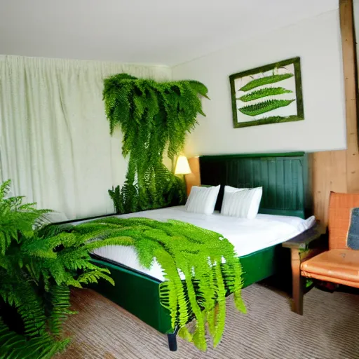 Image similar to a shady motel room covered with ferns