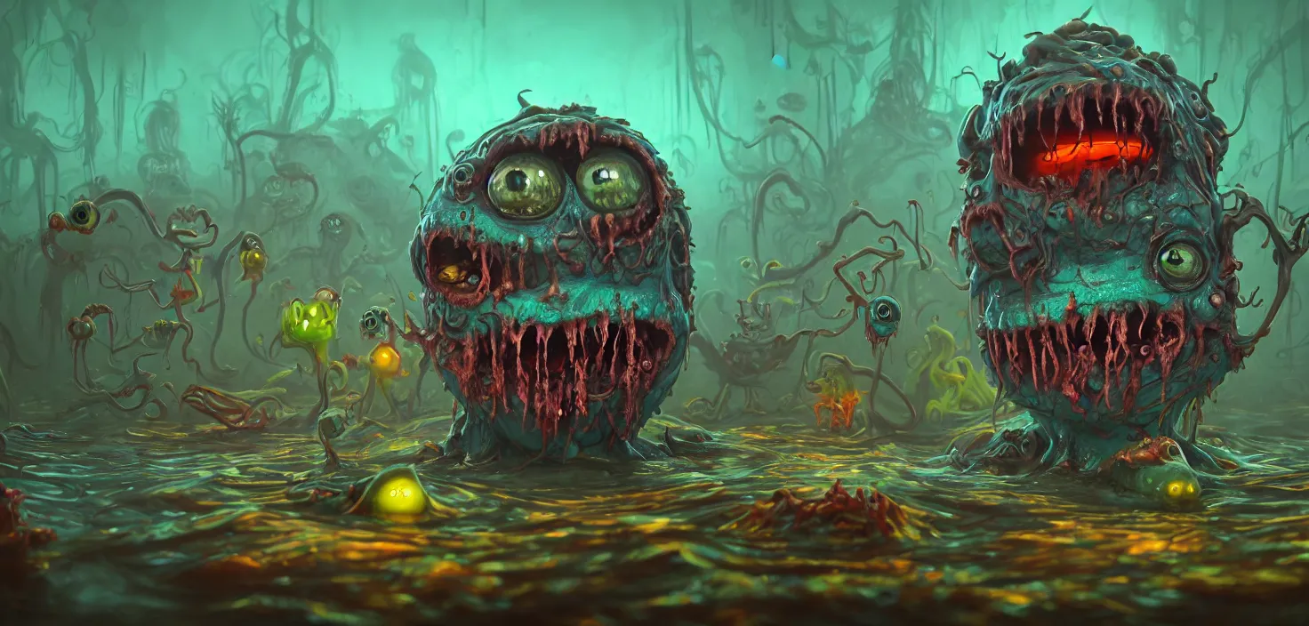 Prompt: intricate colourful murky horror with strange cute friendly horror crazy monsters with huge beauty eyes long tongue triangle teeth and scary face appearing from the water, in the style of craola, shallow depth of field, highly detailed, digital painting, trending artstation, concept art, illustration, cinematic lighting, vibrant colors, photorealism, epic, octane render