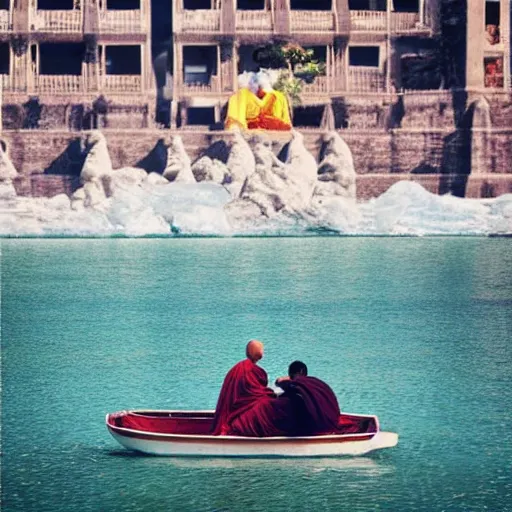 Image similar to !dream a Buddhist monk floating above water with an ice cream ::
