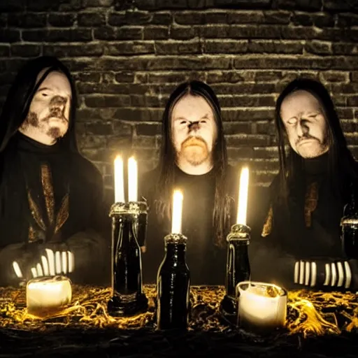 Image similar to swedish black metal band with bright 5 l bottle of beer, all black cyberpunk clothes, futuristic, realistic, promo photograph, epk, in a room full of candles, high quality, highly detailed