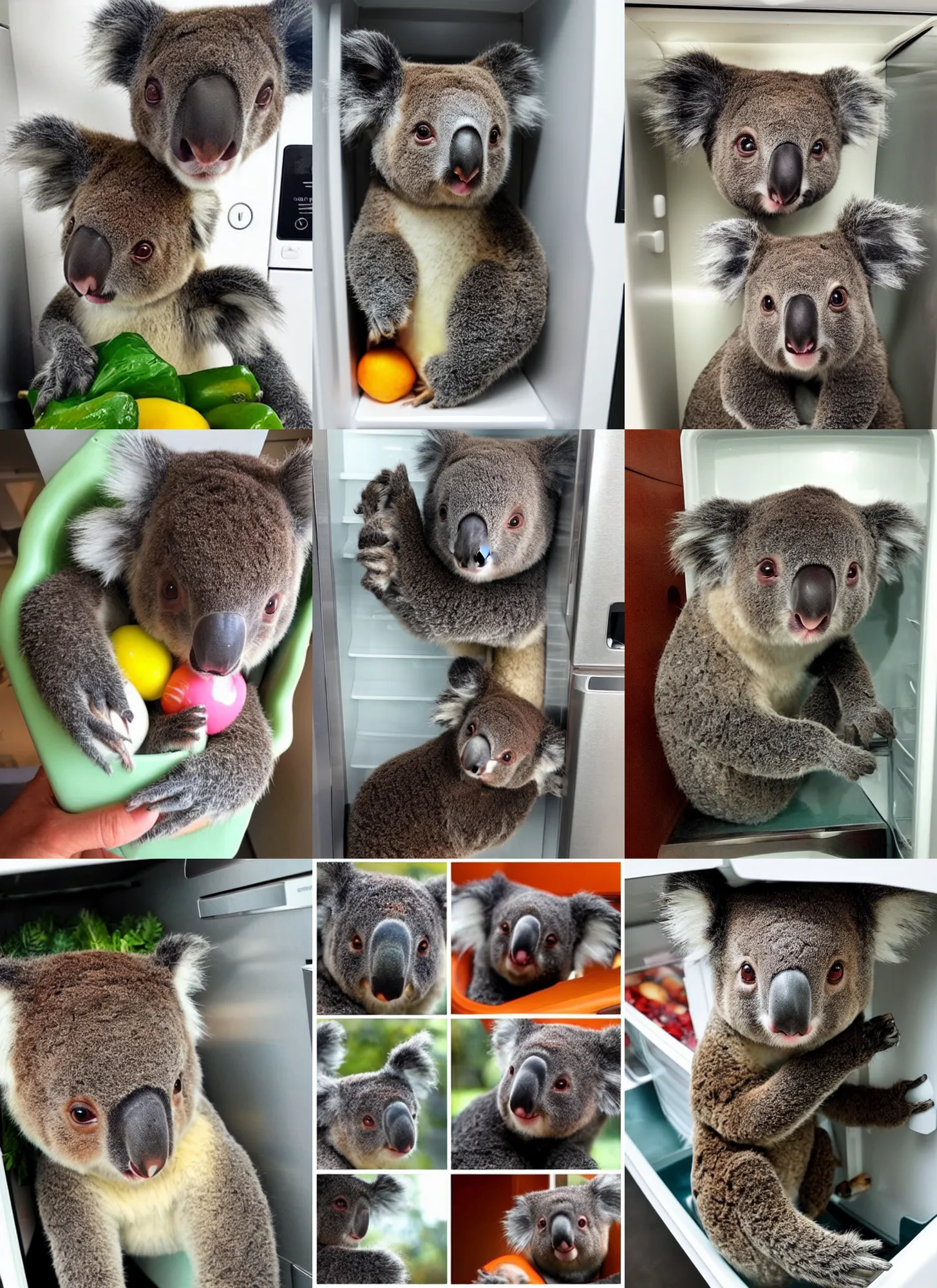 Prompt: instagram, 8 koalas stuck in the fridge