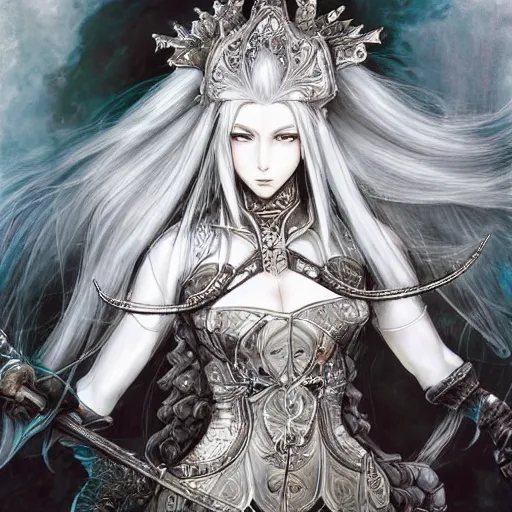 Image similar to a drawing of a woman with long white hair, wearing ornate armor, a character portrait by yoshitaka amano, featured on pixiv, fantasy art, official art, androgynous, anime