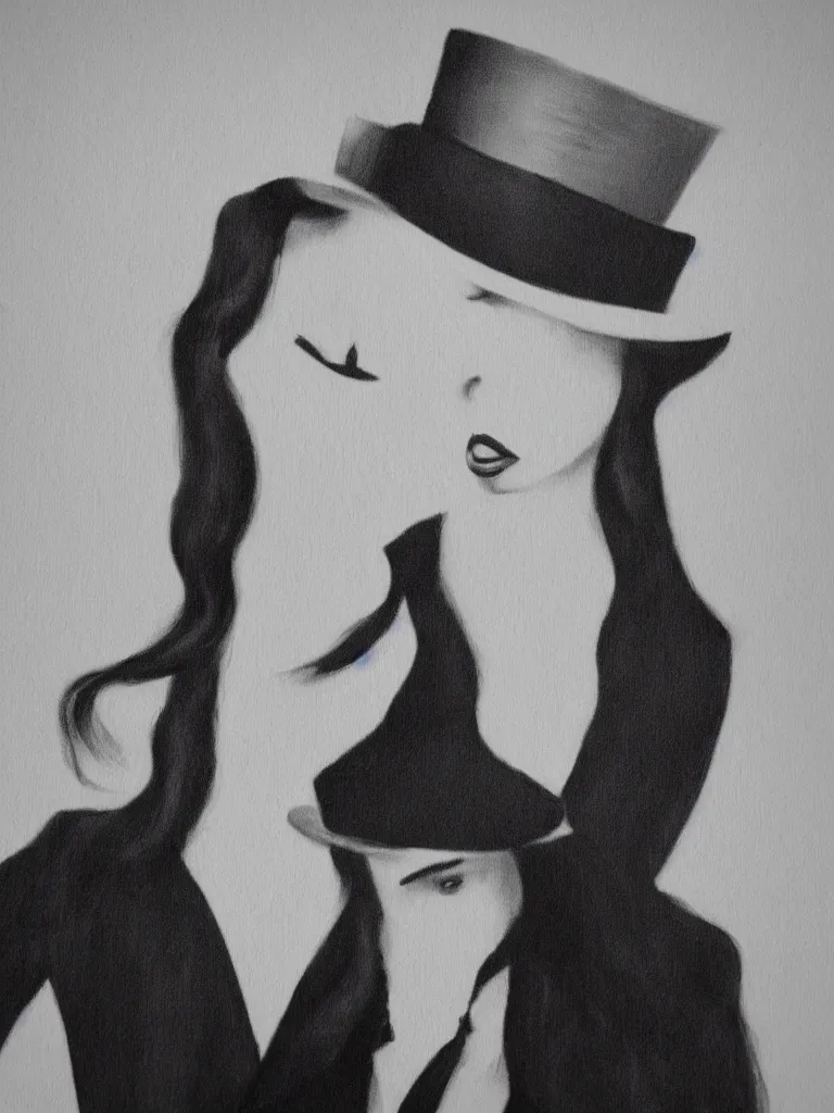 Image similar to elegant long hair lady wearing gentleman suit and tophat portrait photorealism noir