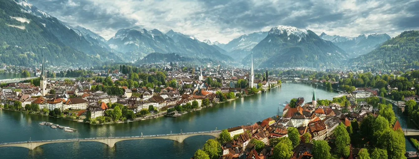 Prompt: Photo of Zurich, looking down the river at the lake and the alps, Hardturm, Grossmünster, wide angle, trees, volumetric light, hyperdetailed, caribean water, artstation, cgsociety, 8k