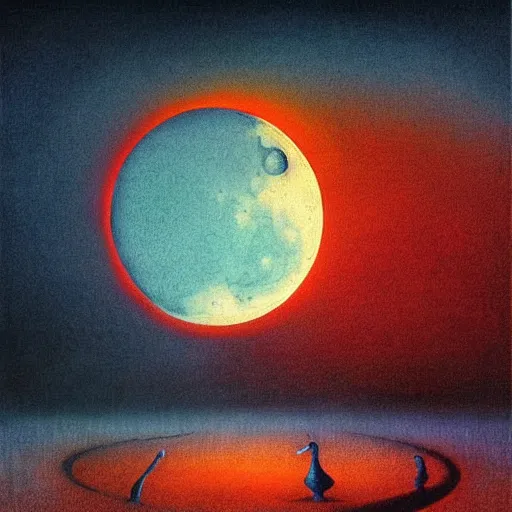 Prompt: the moon on fire by lisa frank inspired by zdzislaw beksinski, highly detailed background
