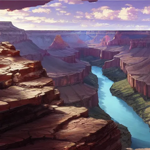 Image similar to concept art painting of a grand canyon filled to the top with water, giant river, with unfinished bridge under construction, realistic, detailed, cel shaded, in the style of makoto shinkai and greg rutkowski and james gurney