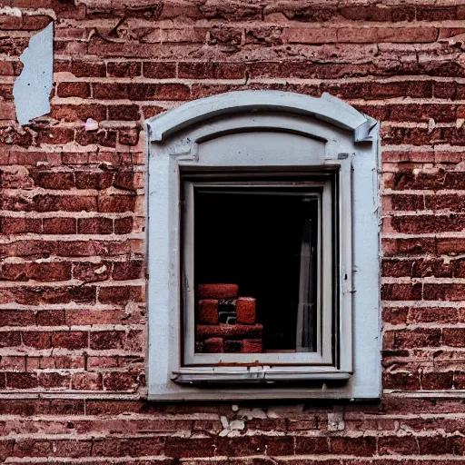 Prompt: a wikd splash of chocolate milk coming out of a window in a brick fassade small building, hyperreal, cinematic