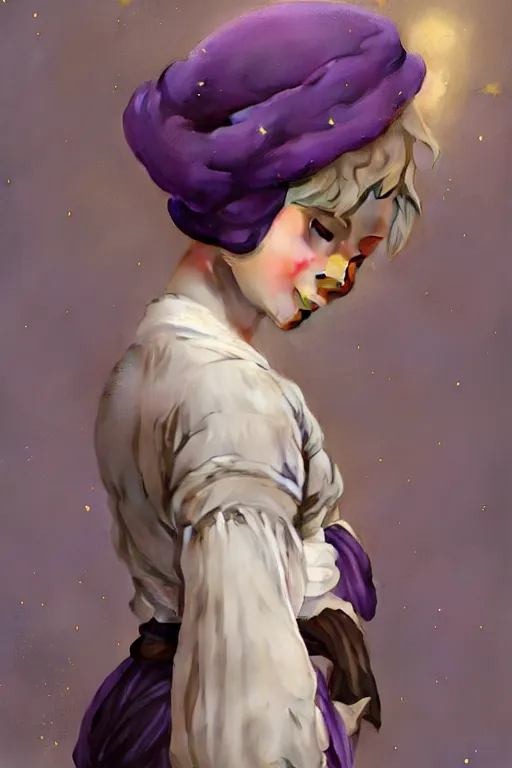 Image similar to Full View girl with short blond hair wearing an oversized purple Beret, Baggy Purple overall shorts, Short Puffy pants made of silk, silk shoes, a big billowy scarf, Golden Ribbon, and white leggings Covered in stars. Short Hair. masterpiece 4k digital illustration by Ruan Jia and Mandy Jurgens and Artgerm and william-adolphe bouguereau, award winning, Artstation, art nouveau aesthetic, Alphonse Mucha background, intricate details, realistic, panoramic view, Hyperdetailed, 8k resolution, intricate art nouveau