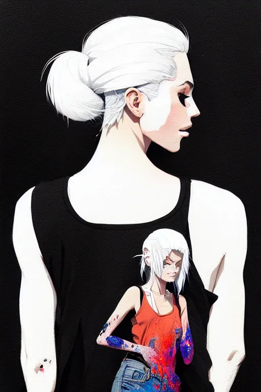 Image similar to a ultradetailed beautiful painting of a stylish woman in with white hair in a ponytail, she is wearing a black tank top and jeans, by conrad roset, greg rutkowski and makoto shinkai trending on artstation