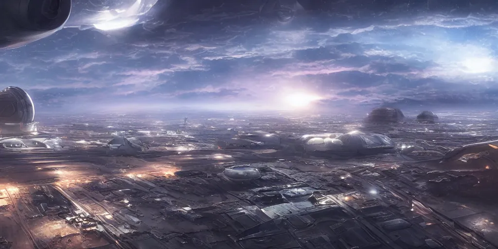 Prompt: a beautiful view of a spaceport, matte painting, cinematic lighting, hyper - detailed, 4 k, scifi