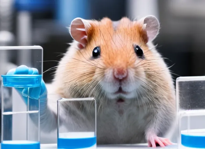 Image similar to film still of a hamster working in a research lab filling test tubes, 8 k