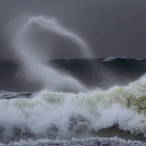 Image similar to a lion's face breaching through a wave, stormy weather