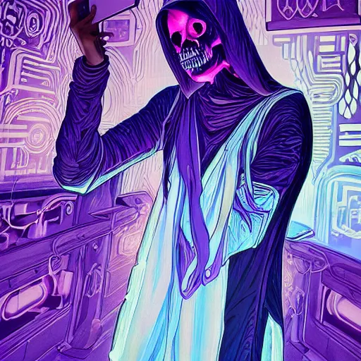 Image similar to highly detailed portrait of a scene of the Grim Reaper taking a selfie, mucha, colorful, purple, black, highly rendered, beautiful, cyberpunk, very highly detailed, symmetrical, archillect, moody lighting, glowing light and shadow, atmospheric, studio lighting, 8K