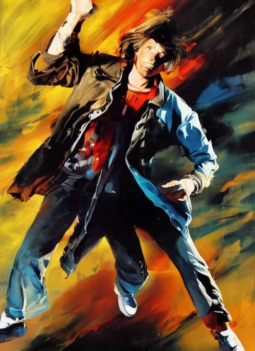 Image similar to doc brown and marty mcfly, painting by phil hale, fransico goya,'action lines '!!!, graphic style, visible brushstrokes, motion blur, blurry, visible paint texture, crisp hd image