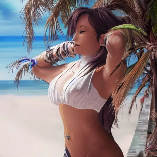 Prompt: a photo of tifa at the beach, hyperrealistic