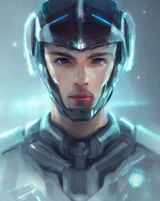 Image similar to portrait of handsome guy in cyber armor, dreamy and ethereal, expressive pose, bule eyes, exciting expression, fantasy, intricate, elegant, many lightning, cold color, highly detailed, digital painting, artstation, concept art, cyberpunk wearing, smooth, sharp focus, led, illustration.